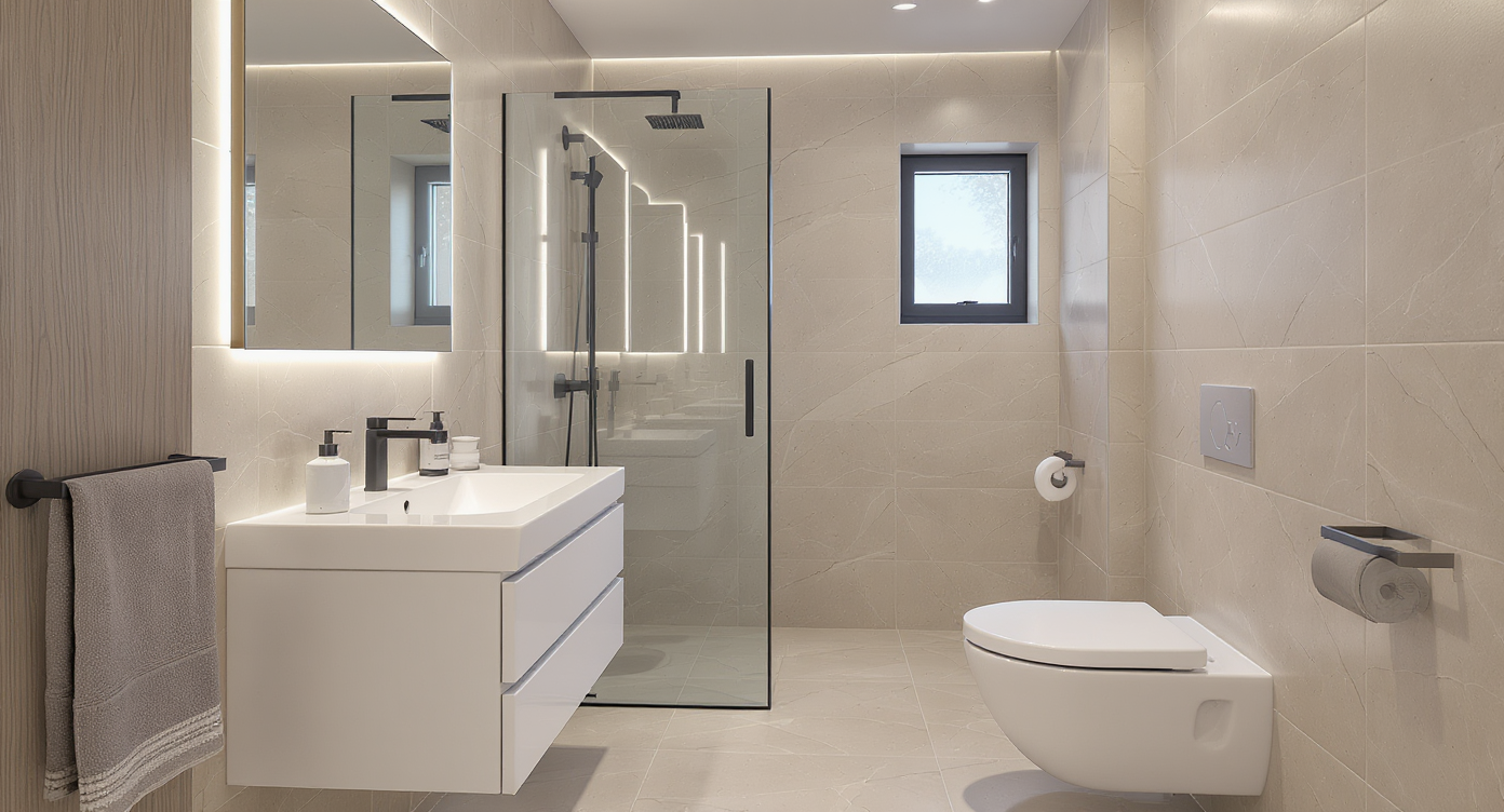 Baño moderno con ducha walk-in y mueble suspendido