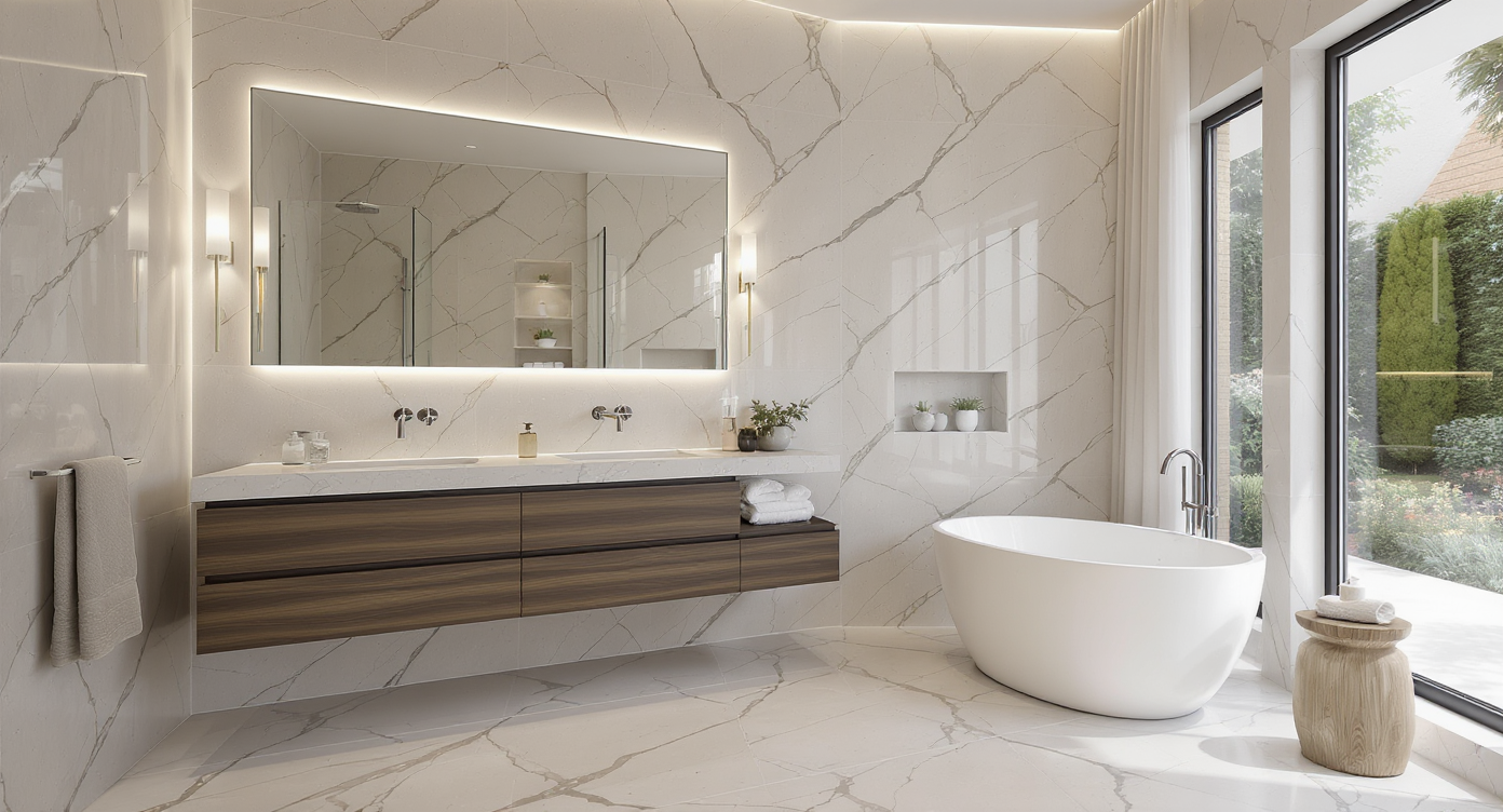 Baño suite minimalista con distribución open