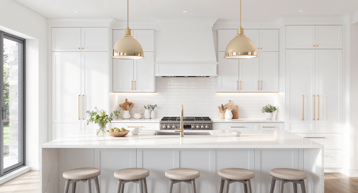 Cocina moderna blanca con isla central