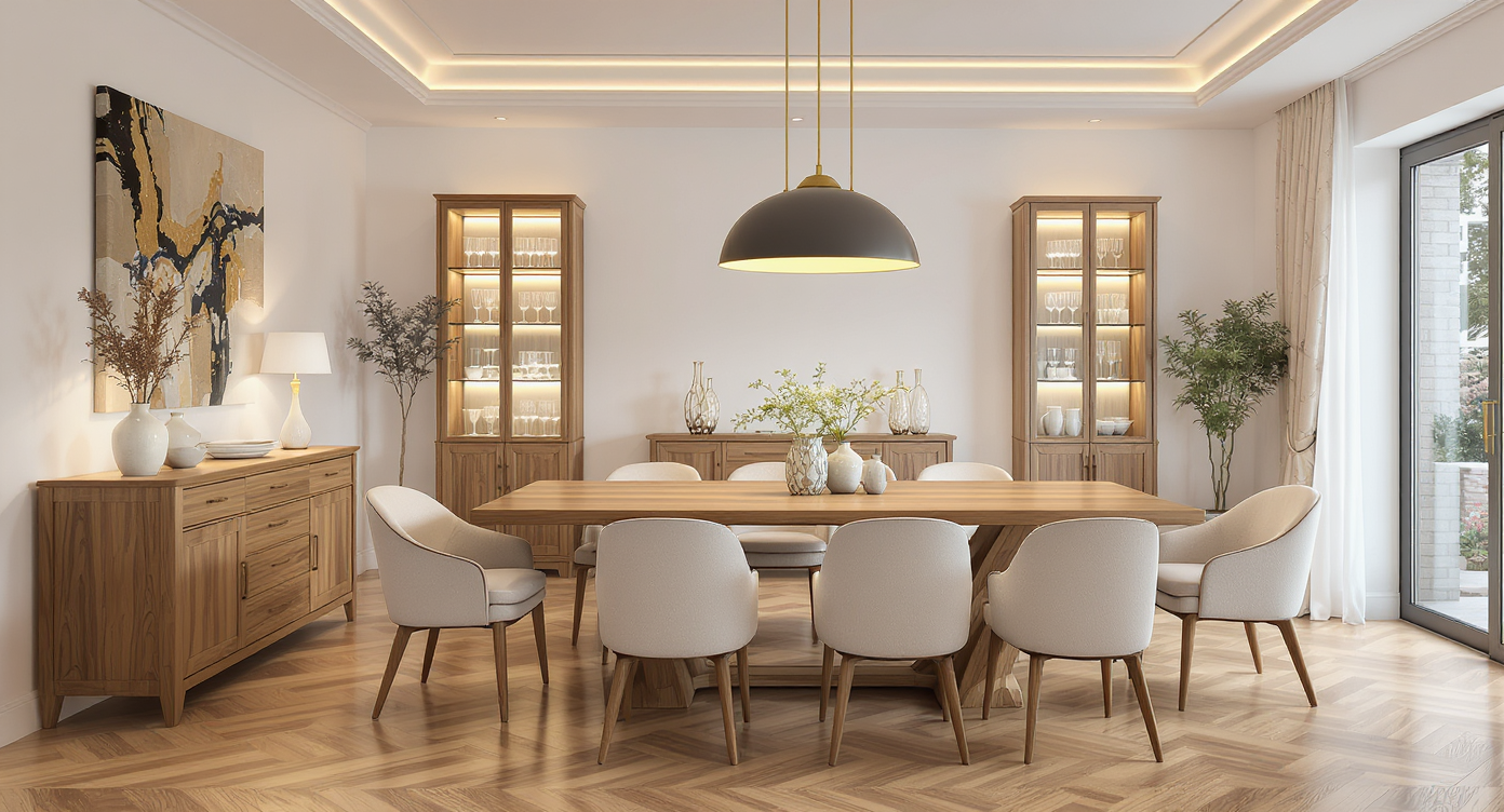 Comedor con mesa madera maciza y lámpara colgante
