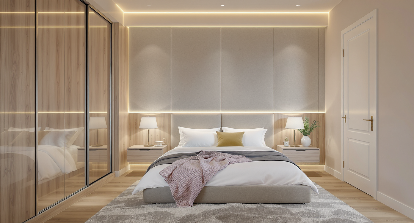 Dormitorio principal con cabecero panelado