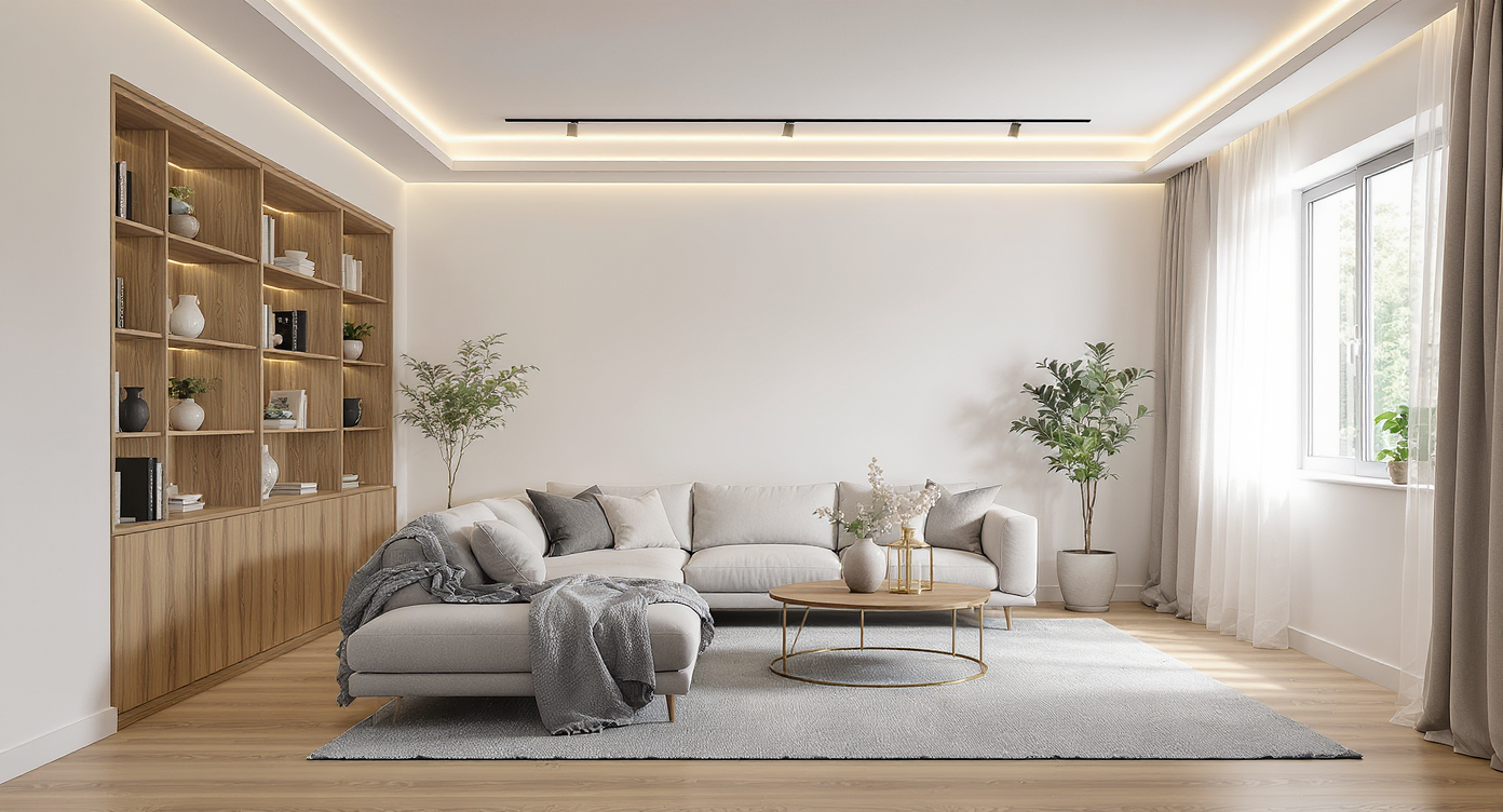 Salón moderno con parquet y sofá gris